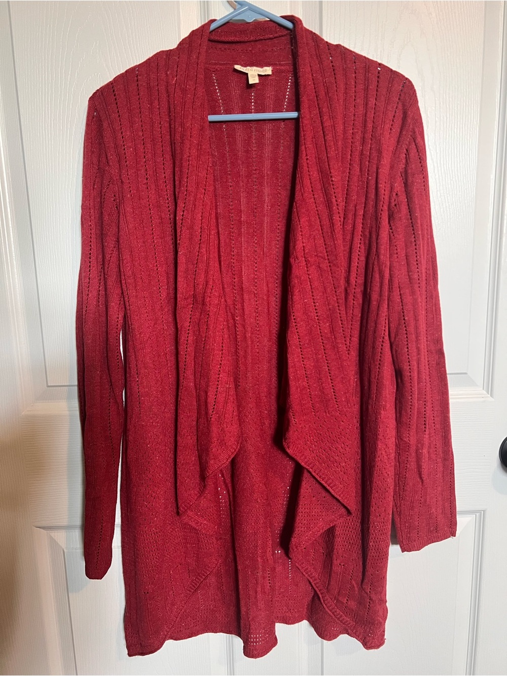 Eileen Fisher Red Cotton Linen Blend Open Front Long Sleeve Cardigan Sweater M